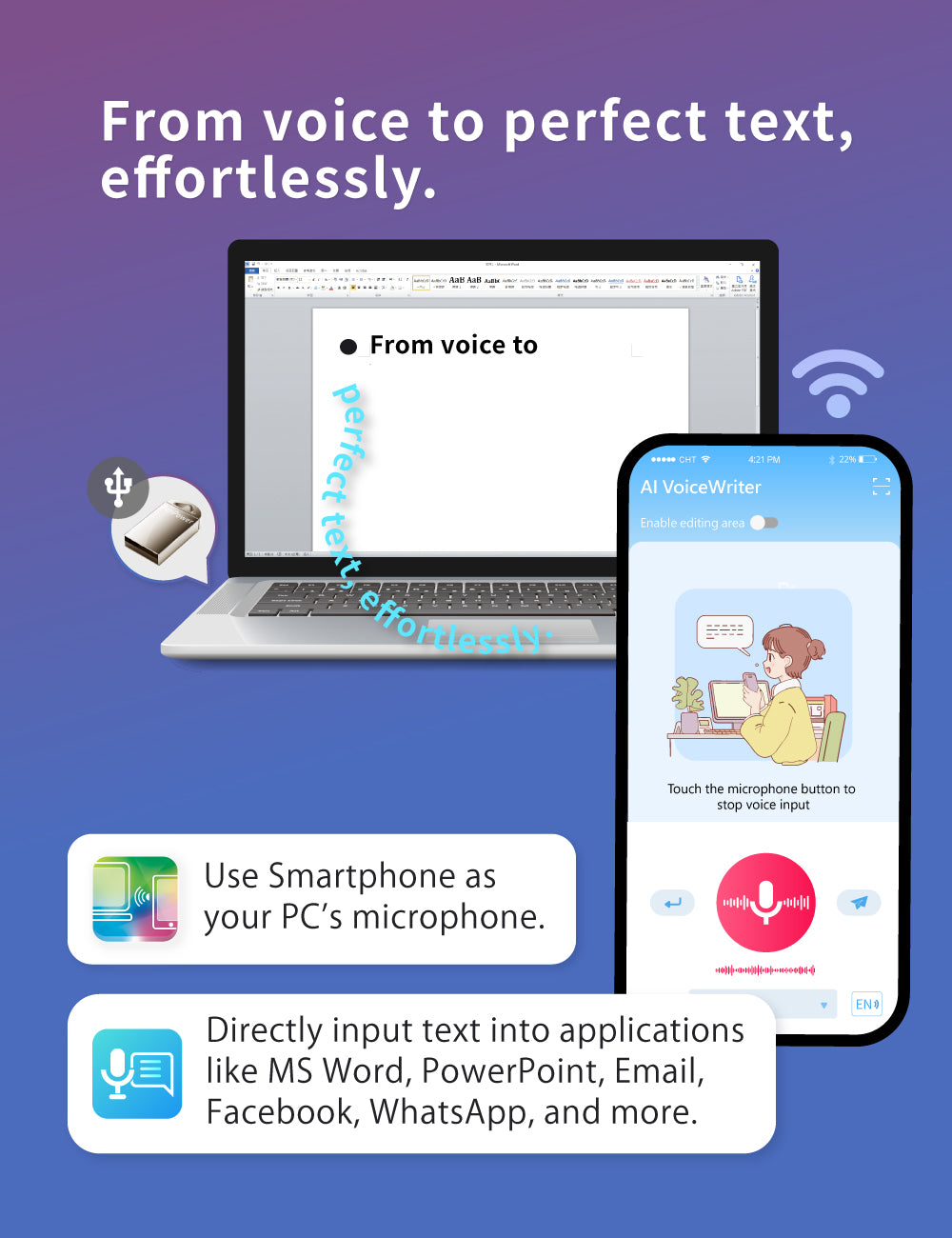 AI VoiceWriter – Smart Dictation & AI Writing Assistant for Windows & Mac with USB Dongle & Mobile App for Voice Input, Proofreading, Rewriting & Multilingual Support