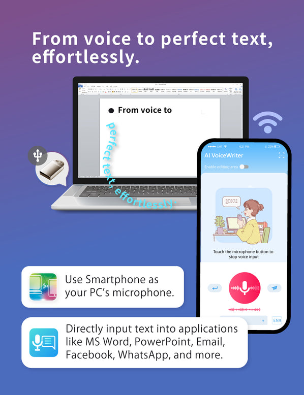 AI VoiceWriter – Smart Dictation & AI Writing Assistant for Windows & Mac with USB Dongle & Mobile App for Voice Input, Proofreading, Rewriting & Multilingual Support