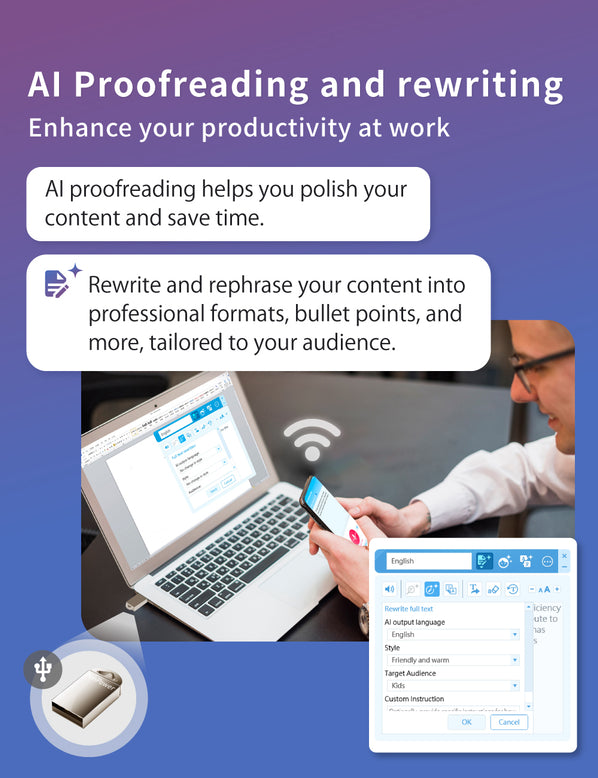 AI VoiceWriter – Smart Dictation & AI Writing Assistant for Windows & Mac with USB Dongle & Mobile App for Voice Input, Proofreading, Rewriting & Multilingual Support