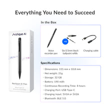 Load image into Gallery viewer, Notique AI Pen | Voice Recorder, Audio Recorder with AI Note Taker, AI Transcribe &amp; Summarize for Meeting Notes, Interviews, Study Notes and Action Lists with PDF, PNG, JPEG and TXT.

